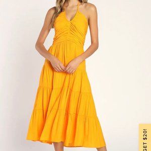 Chasing Sun Marigold Tiered Keyhole Halter Midi Dress, Marigold, Size Large